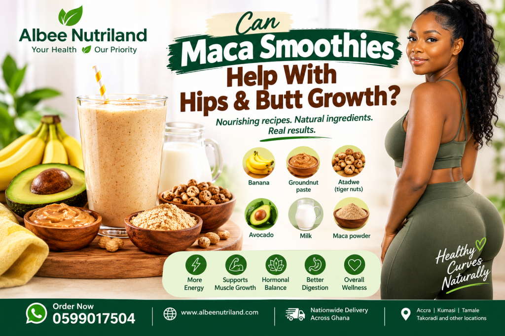 Maca smoothie with banana, avocado, groundnut paste, milk and other nutritious ingredients.