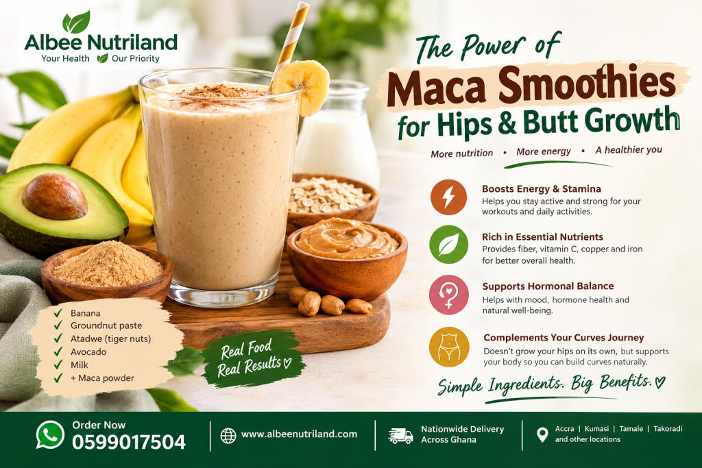 Maca smoothie with banana, avocado, groundnut paste, milk and other nutritious ingredients.