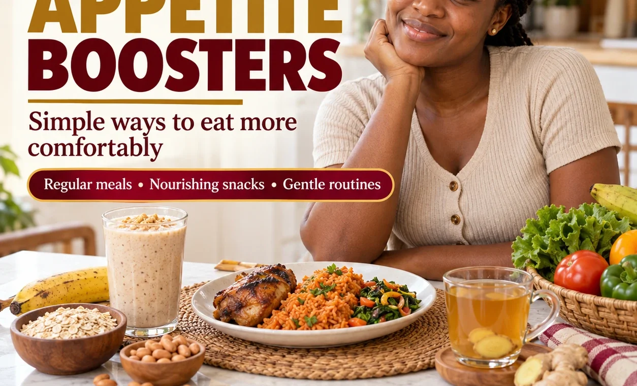 Natural appetite boosters: a colourful Ghanaian meal with ginger tea