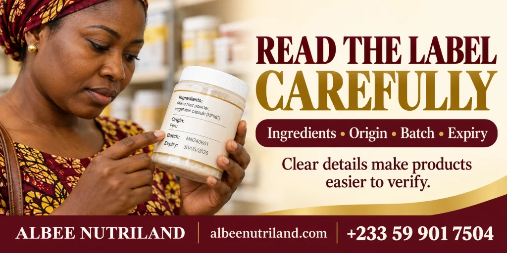 How to spot fake maca products in Ghana: checking a maca label