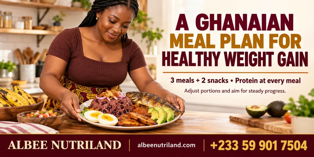Ghanaian meal plan for weight gain with waakye, eggs, avocado and plantainv