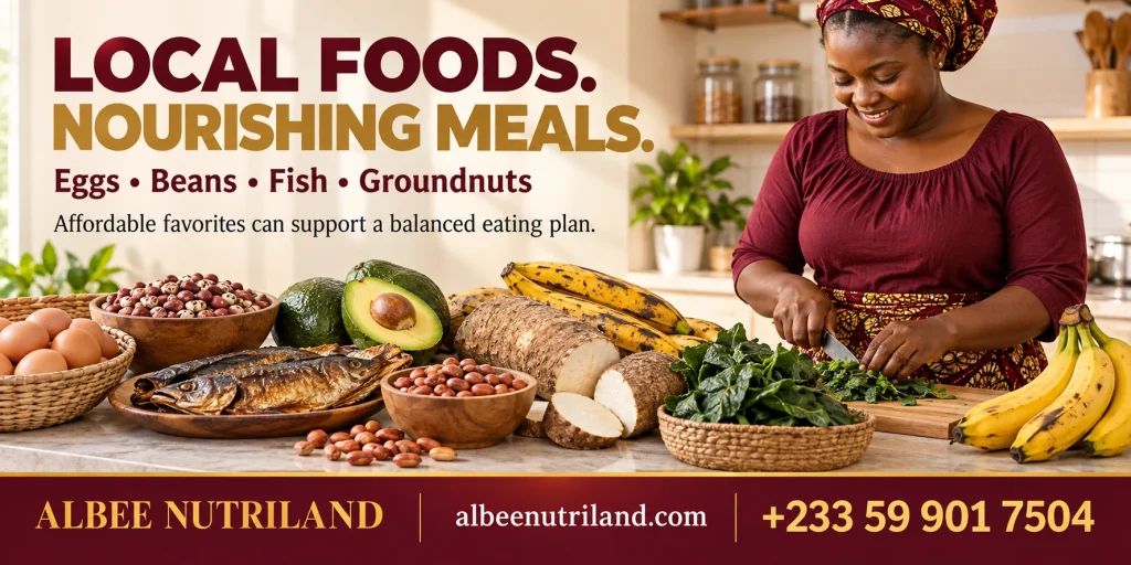 Ghanaian meal plan for weight gain with waakye, eggs, avocado and plantain