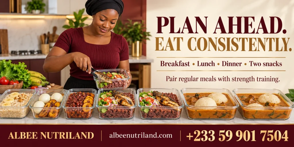 Ghanaian meal plan for weight gain with waakye, eggs, avocado and plantain