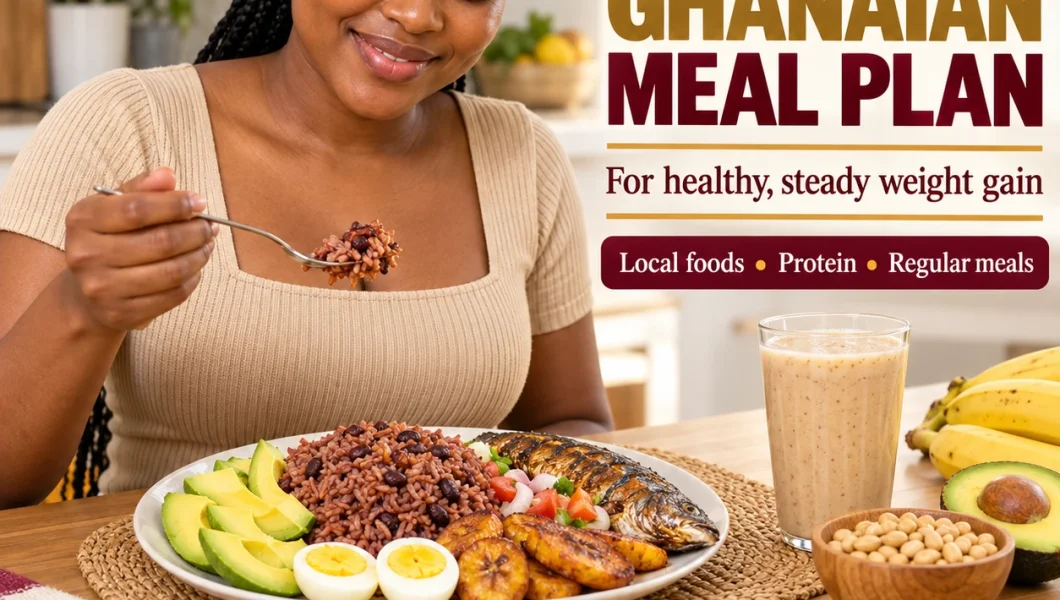 Ghanaian meal plan for weight gain with waakye, eggs, avocado and plantain