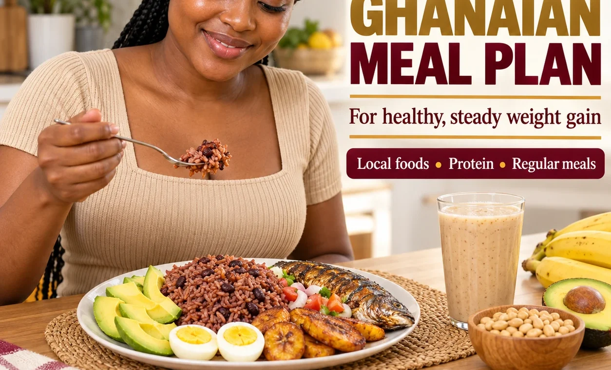 Ghanaian meal plan for weight gain with waakye, eggs, avocado and plantain