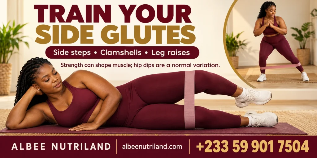Woman doing side-lying leg raises to fill out hip dips