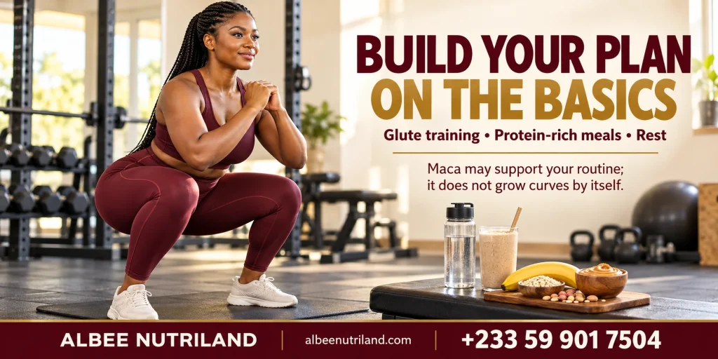 Maca root powder for bigger butt goals next to a Ghanaian smoothie