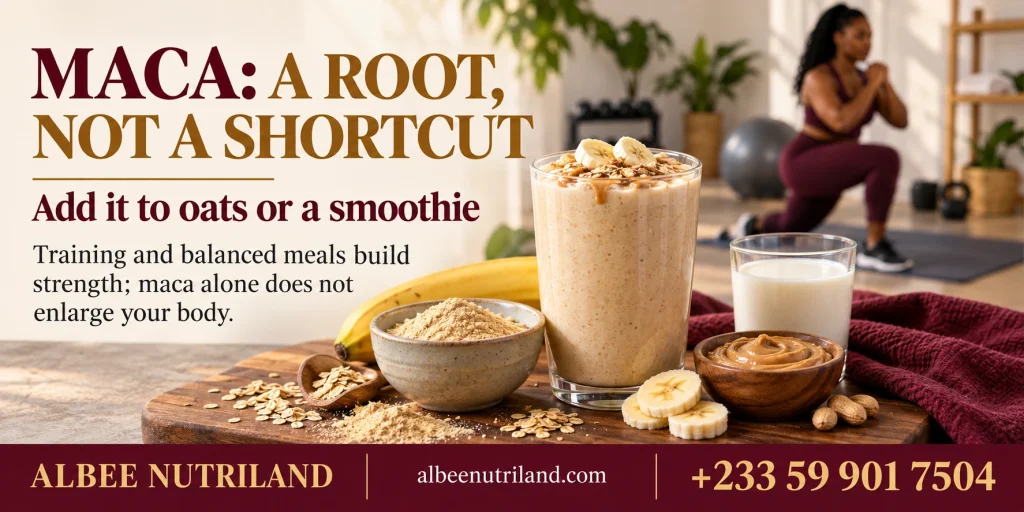 Maca root powder for bigger butt goals next to a Ghanaian smoothie
