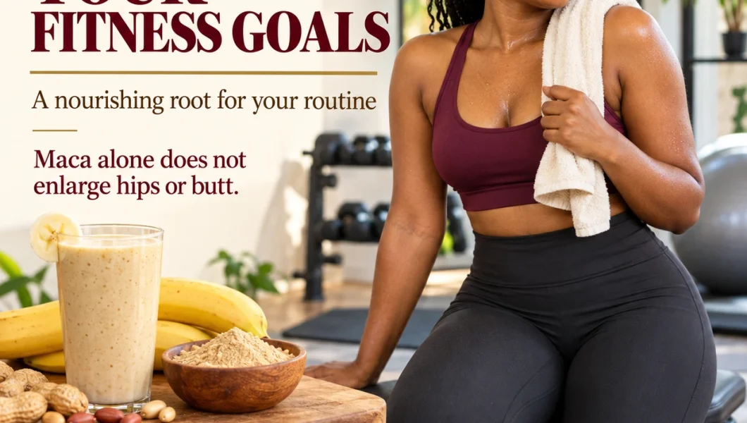 Maca root powder for bigger butt goals next to a Ghanaian smoothie
