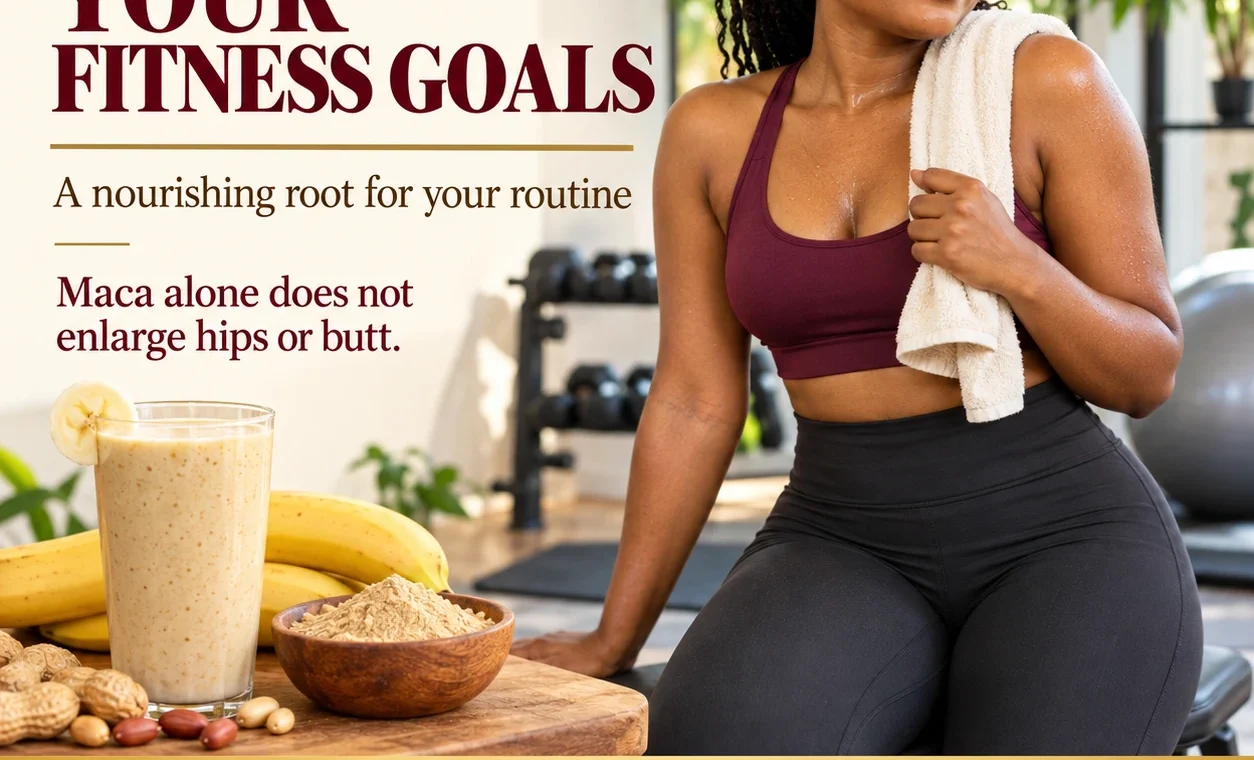 Maca root powder for bigger butt goals next to a Ghanaian smoothie