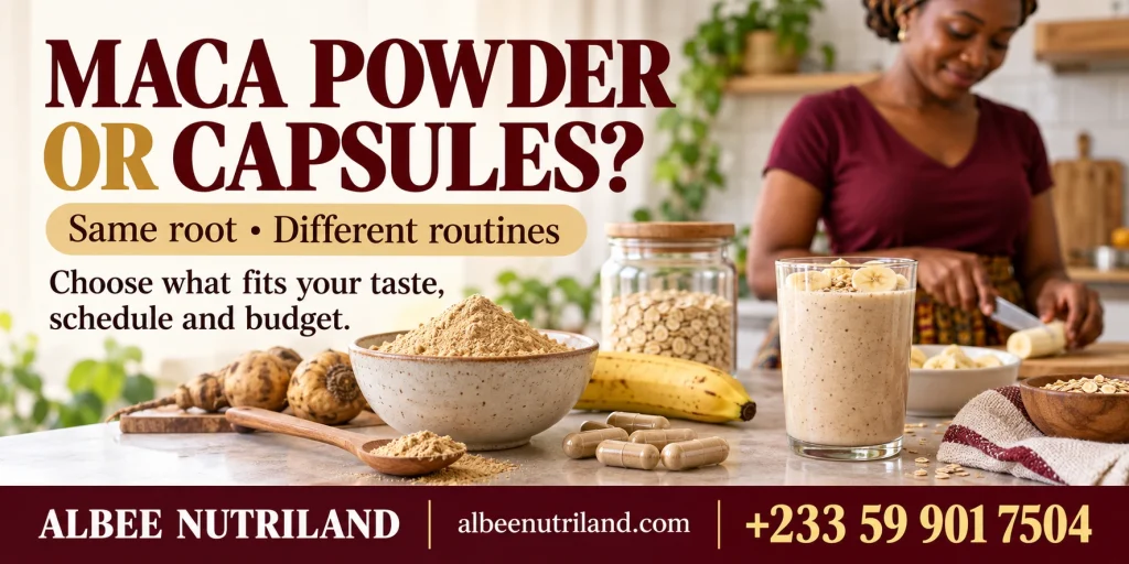Maca powder vs capsules side by side on a kitchen table