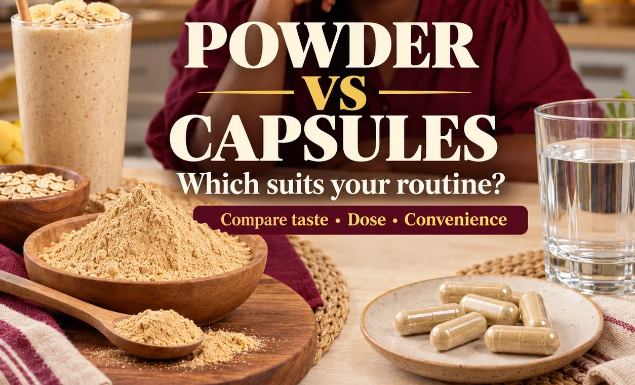 Maca powder vs capsules side by side on a kitchen table
