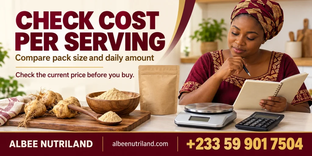 Maca price in Ghana: maca powder packs with cedi notes
