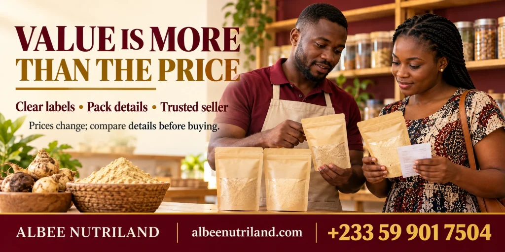 Maca price in Ghana: maca powder packs with cedi notes