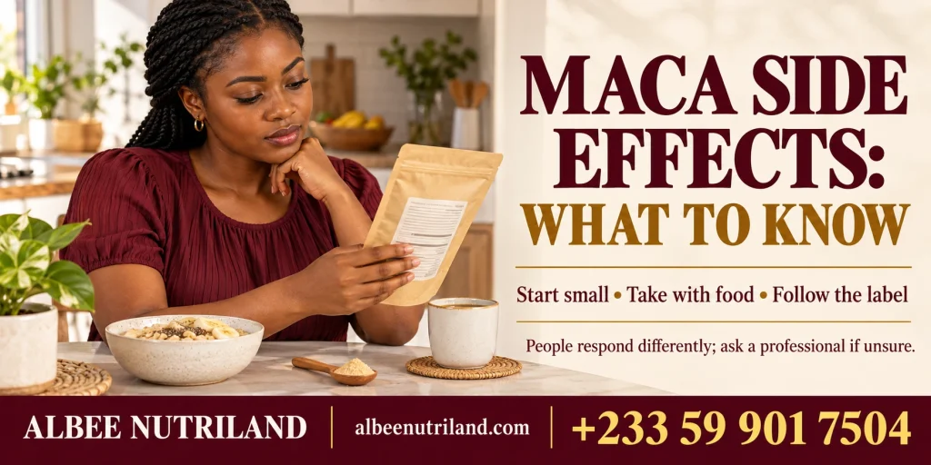 Maca side effects: a woman reading a maca powder label