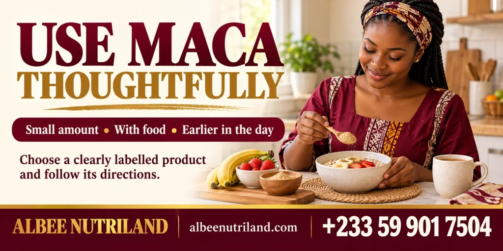 Maca side effects: a woman reading a maca powder label