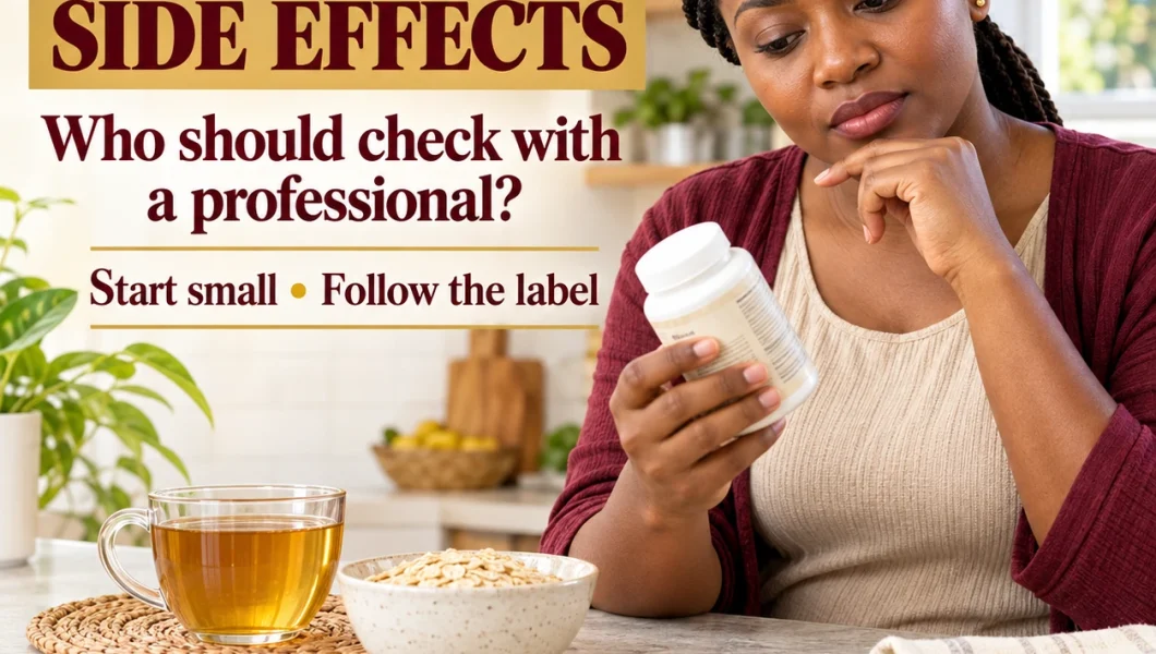 Maca side effects: a woman reading a maca powder label