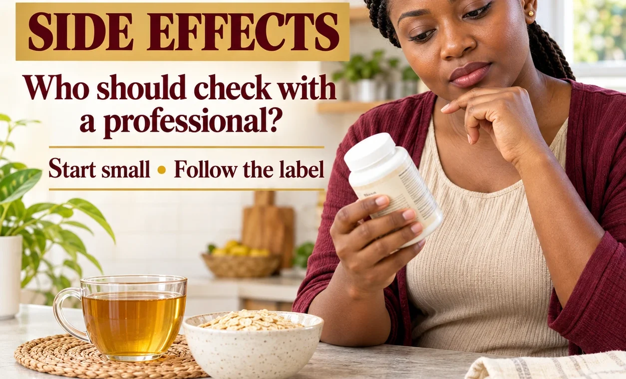 Maca side effects: a woman reading a maca powder label