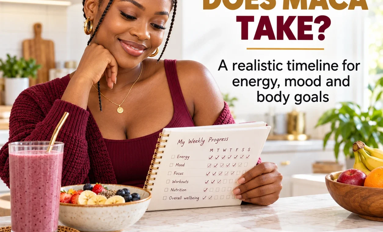 How long does maca take to work: a maca shake next to a calendar