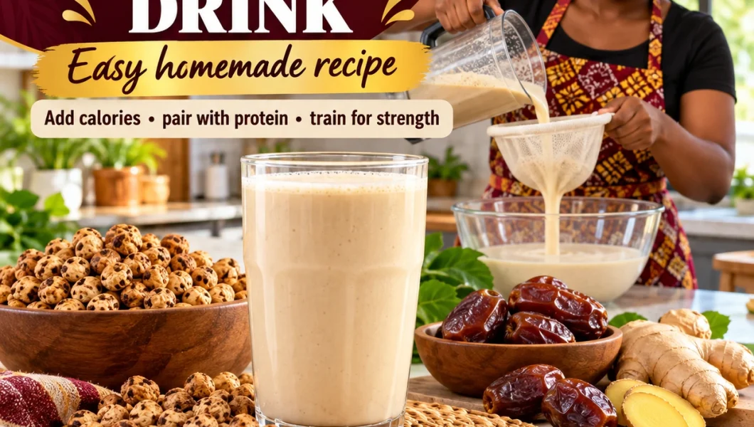 Homemade tiger nut drink in a glass with atadwe and dates