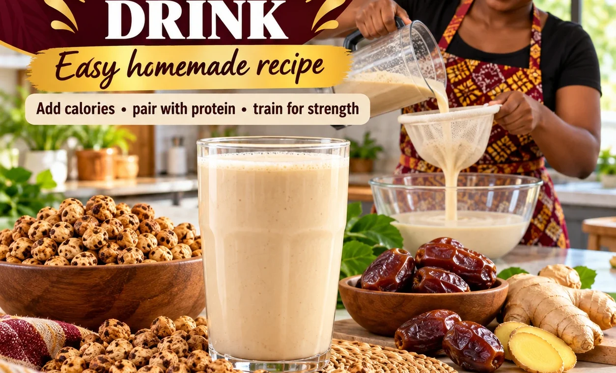 Homemade tiger nut drink in a glass with atadwe and dates