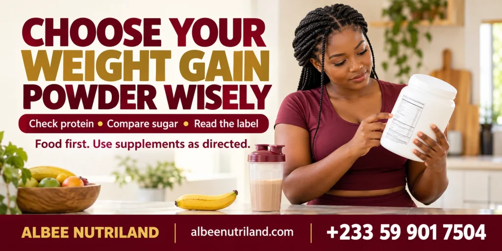 Weight gain powder in Ghana: a scoop of mass gainer next to a shaker bottle