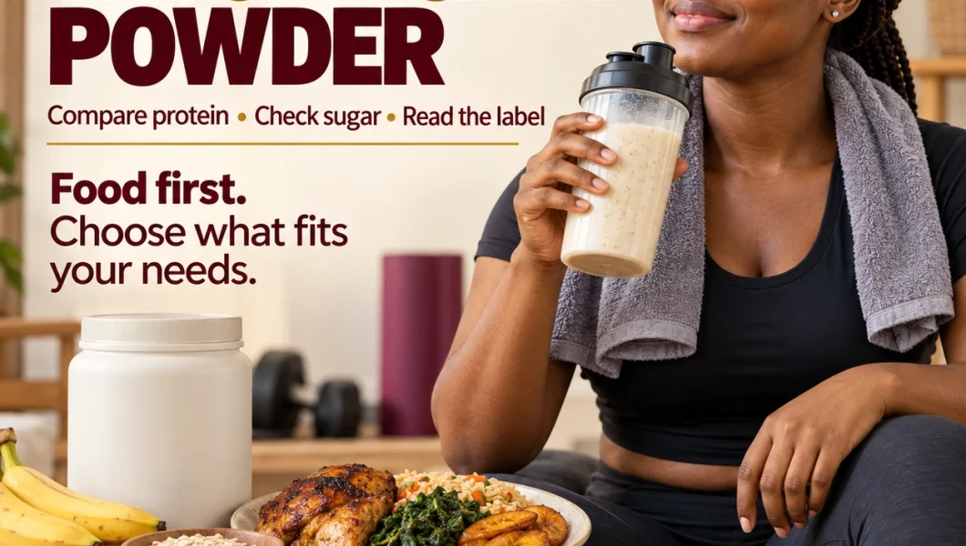 Weight gain powder in Ghana: a scoop of mass gainer next to a shaker bottle