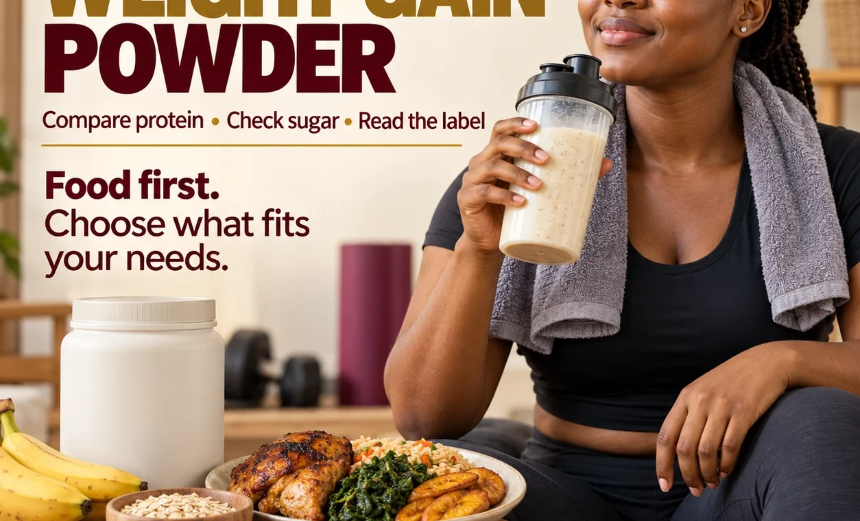 Weight gain powder in Ghana: a scoop of mass gainer next to a shaker bottle