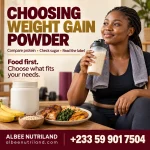 Weight gain powder in Ghana: a scoop of mass gainer next to a shaker bottle