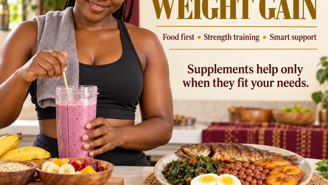 Weight gain supplements for women: protein shake, mass gainer and maca powder