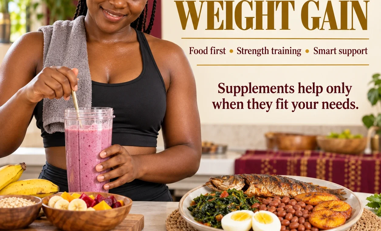 Weight gain supplements for women: protein shake, mass gainer and maca powder